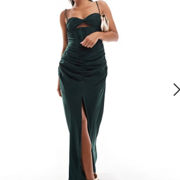 ASOS ruched corset maxi dress with ruffle skirt and strap details forest green - Picture 1 of 4
